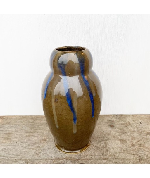 Grand vase émaillé bleu et taupe pas cher